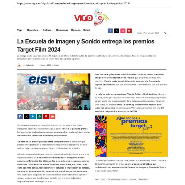 Imagen noticia: La Escuela de Imagen y Sonido entrega los premios Target Film 2024 Imagen noticia: La Escuela de Imagen y Sonido entrega los premios Target Film 2024